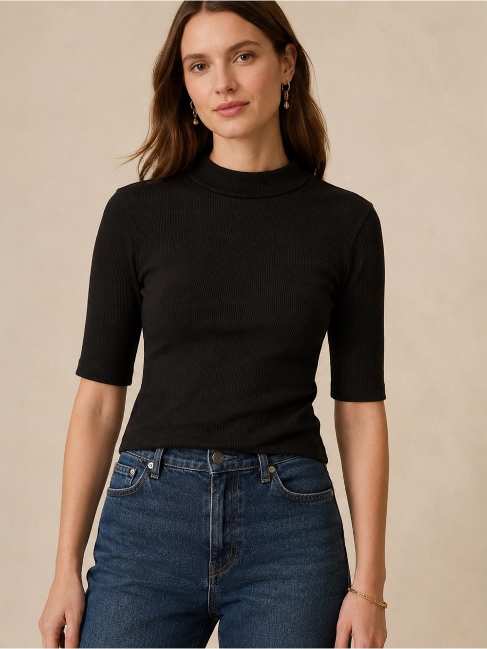 Maeve Anthropologie Black Ribbed Mock Neck Elbow Sleeve Top Medium